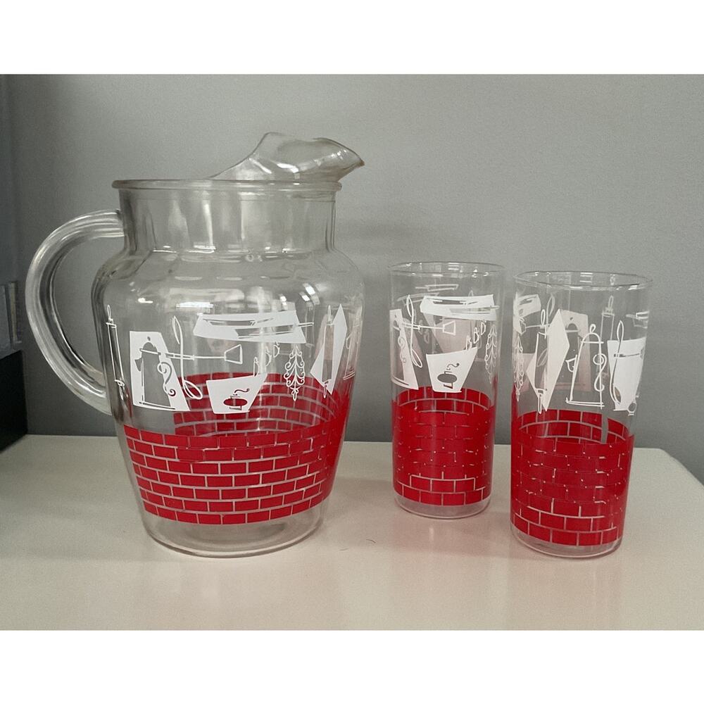 Vtg. Red Brick Coffee Design Pitcher and Glasses